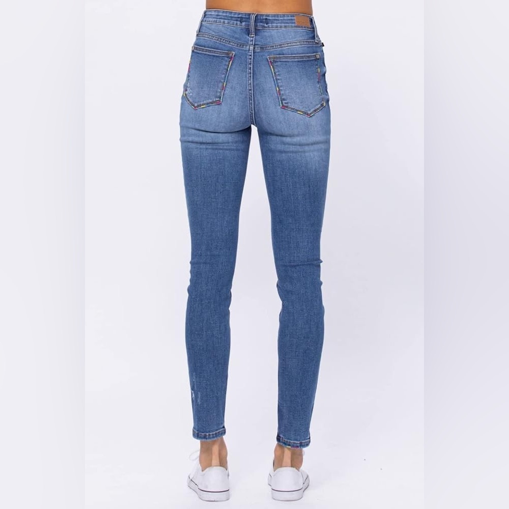 Judy Blue Skinny Jeans Women 1/25 Blue Embroidery Distress High Rise